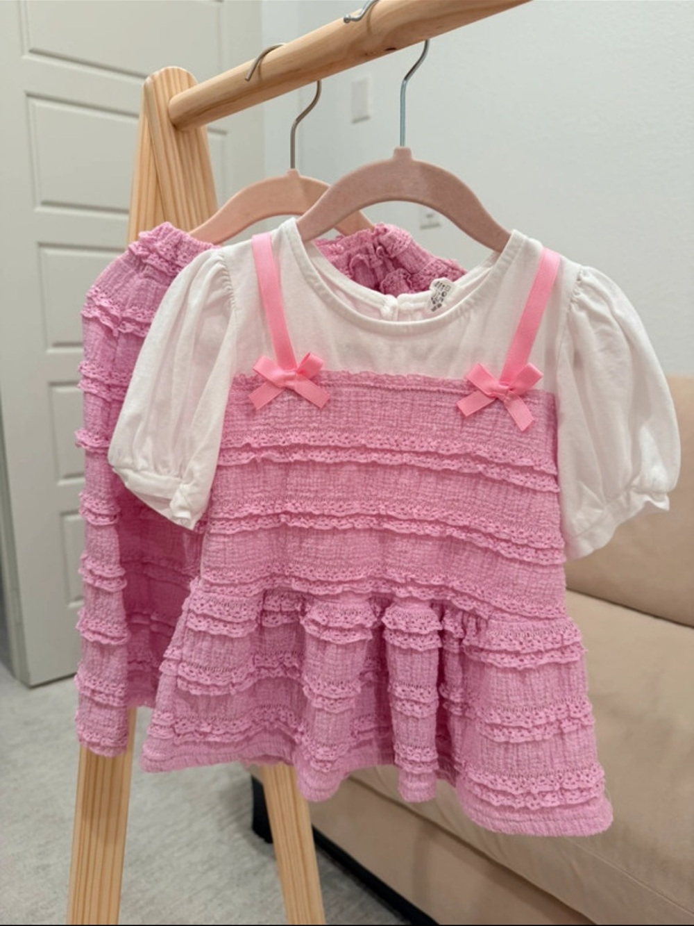 Pink Ruffle Knit Layered Top with Bow Details - Kids